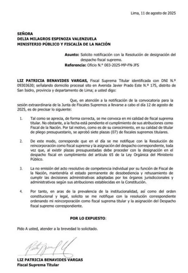 Documento donde Patricia Benavides exige un despacho de fiscal supremo.